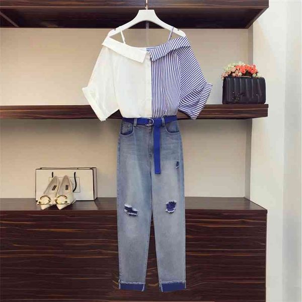 

off shoulder strap striped patchwork shirt female outfits all-macthing with hole jeans two piece set belt 210602, White