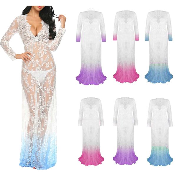 

white deep v-neck long sleeve lace perspective tight tailed dress 9848