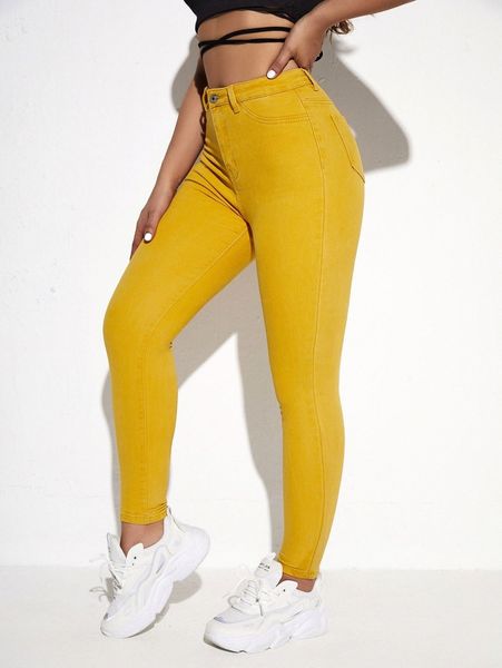 

high waisted solid zip up skinny jeans h1zz#, Blue