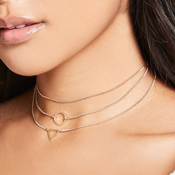 

pendant necklaces vintage multilayer round triangle necklace women gold color link chain clavicle choker jewelry, Silver