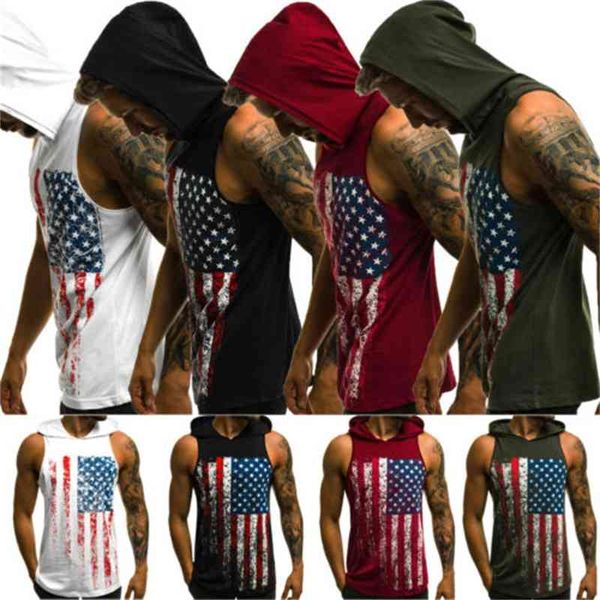 

men' tank men gym hoodie shirt muscle sleeveless hooded bodybuilding fitness vest pullover print clothing 85tj, White;black