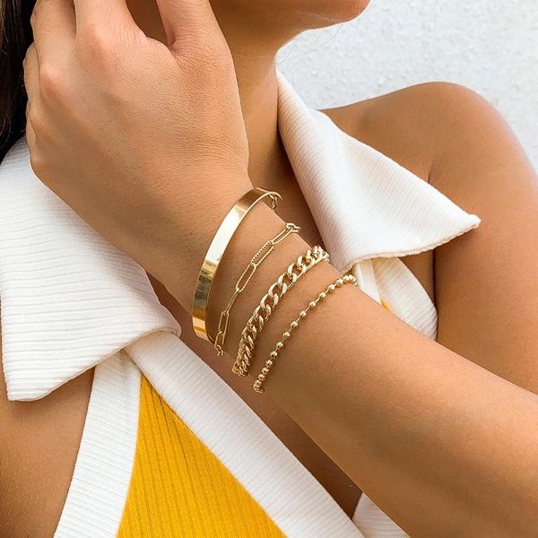 

link, chain 4pcs/set punk multi layer gold color bracelets bangles for women cuentas para pulseras vintage curb cuban link jewelry, Black