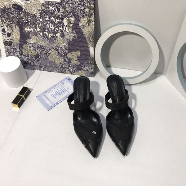

summer new high heels silk leather pointed lettered women's shoes with thin outlets, Black