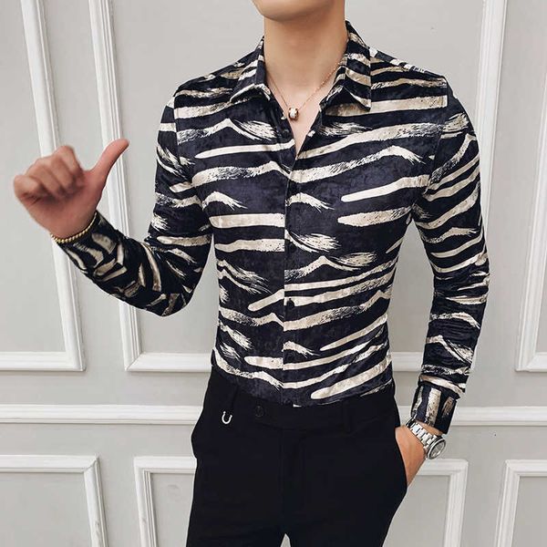 

winter mens shirts luxury velour casual slim fit long sleeve shirts black stripe social club shirt men designer shirts 210527, White;black
