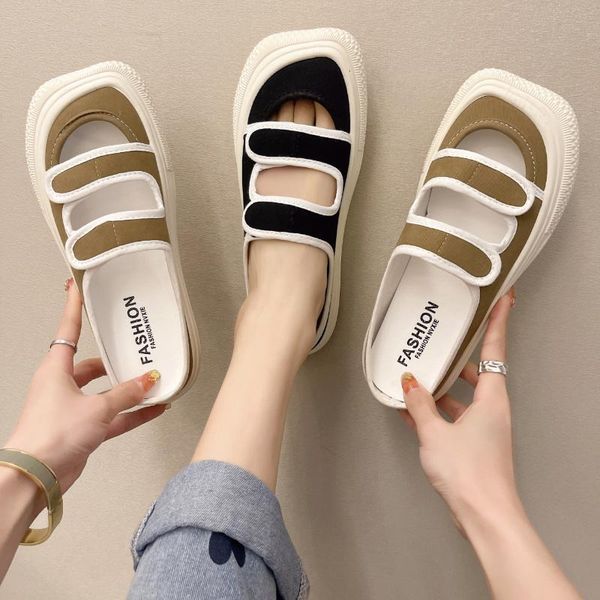 

slippers women's outside summer fashion pu casual square muffin bottom half flat for women, Black