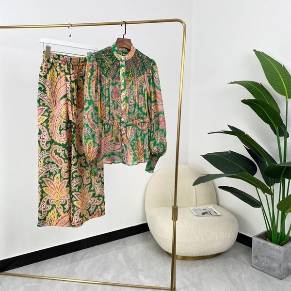 

women's two piece pants 2021 spring arrival womens vintage peisley print long sleeve elegant linen blouses and wide leg set, White