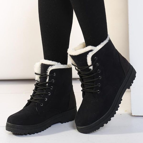 

boots women fur plush snow casual lace up faux suede winter ankle thick low heel warm black red short shoes plus size