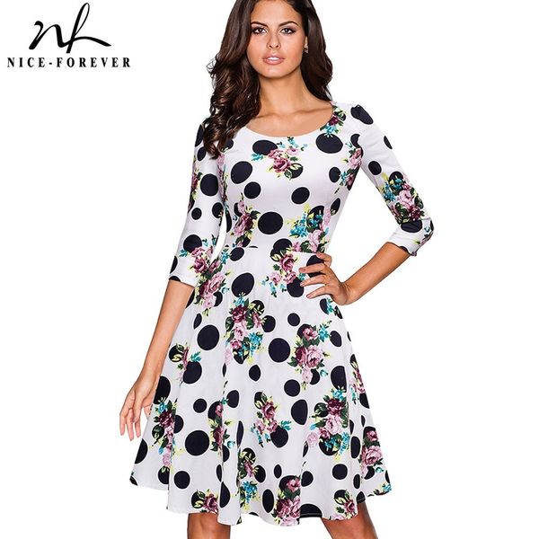 

nice-forever 1950's retro floral polka printed dresses pinup party flared women dress btya065 210419, White