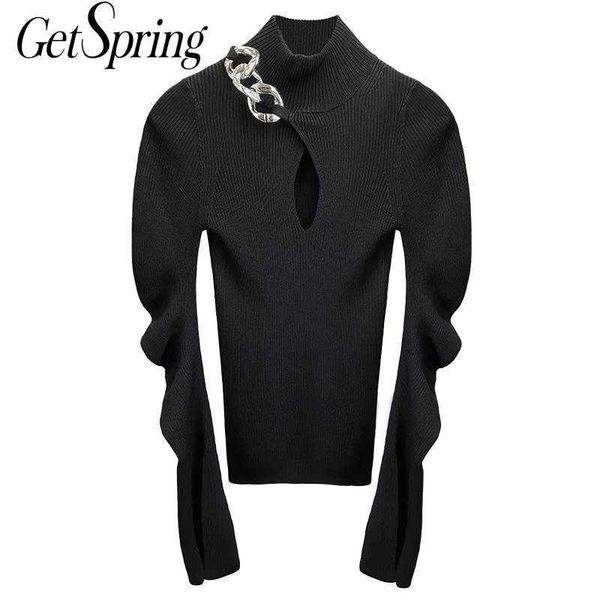 

getspring women sweater chain patchwork hollow out turtleneck sweaters black vintage knitting fashion 210601, White;black