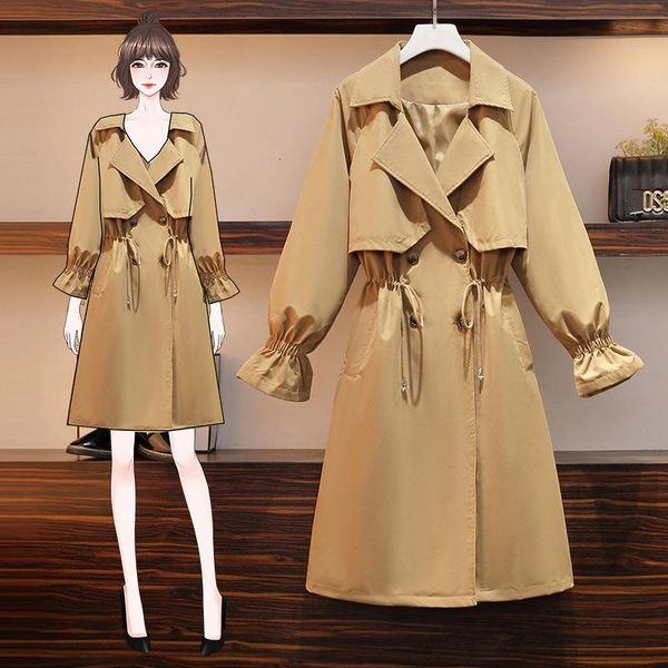 

spring and autumn korean version of large size women's fat mm mid-length loose thin windbreaker jacket y272 trench coats, Tan;black