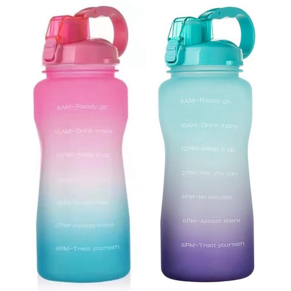 

water bottle 2pcs with time marker, 68 oz extra large motivational straw, pink-green & green-purple