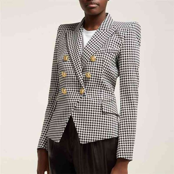

high street stylish runway blazer women's double breasted lion buttons houndstooth career jacket 210521, White;black