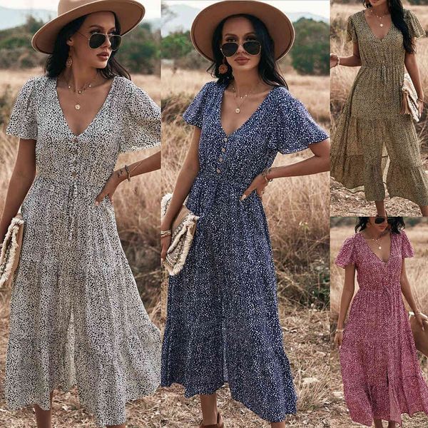 

print a-line big leopard dress summer short sleeve bohemian holiday long dress for womens midi beach dress vestidos 210514, Black;gray