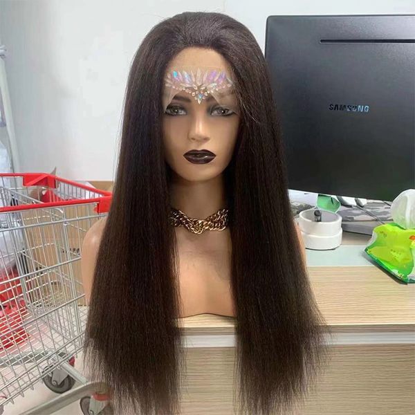 

costume accessories 26inch 180%density long yaki straight synthetic lace front wig for women with baby hair daily wear heat resistant fiber, Silver