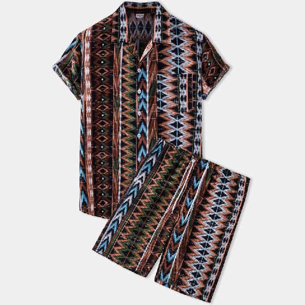 

print men short sets summer hawaiian casual aloha shirt set beach ethnic style shorts streetwear 2 pcs oversize mens suit 210524, Gray