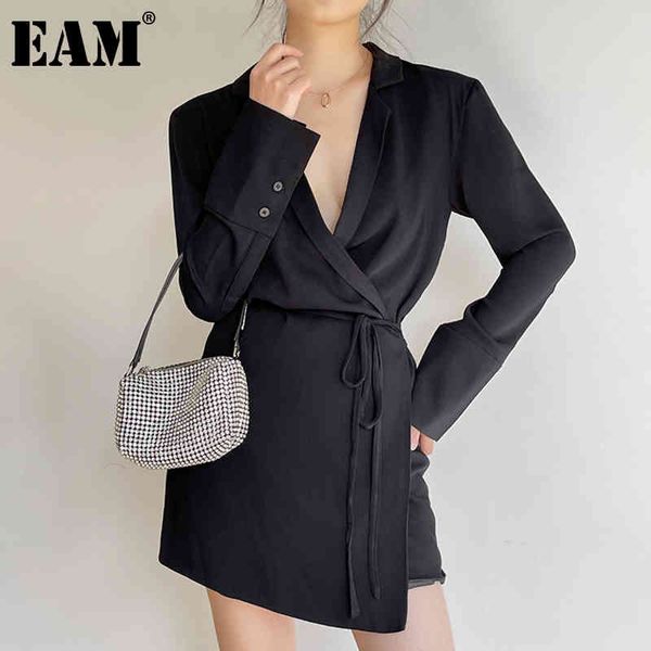

[eam] women black asymmetrical sashes elegant dress notched long sleeve loose fit fashion spring autumn 1dd8105 210512, Black;gray