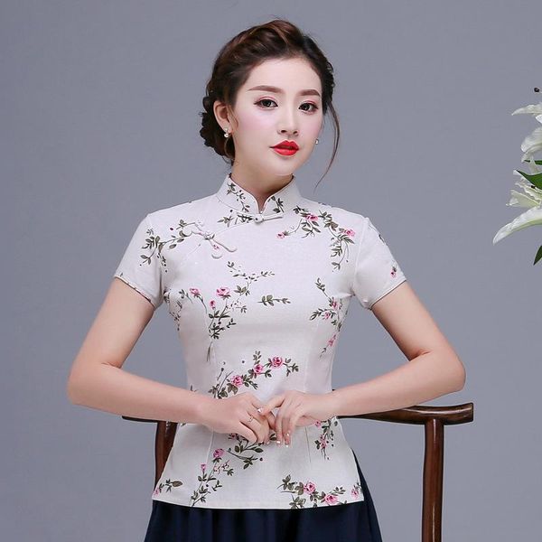 

women's blouses & shirts 2021 spring summer shirt vintage chinese style womens mandarin collar blouse lady clothing cheongsam short qip, White