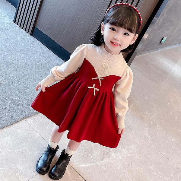 Vestidos da menina vestido de roupa vestido de inverno camisola de malha cor vermelha de cor bebê roupas para crianças