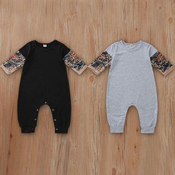 

jumpsuits born infant baby boy romper tattoo printed summer autumn solid long sleeve patchwork jumpsuit clothes 3-24 months, Blue