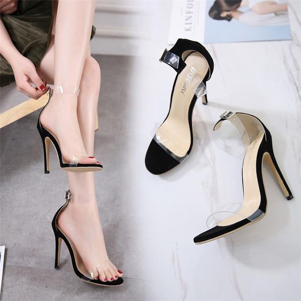 

transparent one-character buckle high-heeled sandals female, Black
