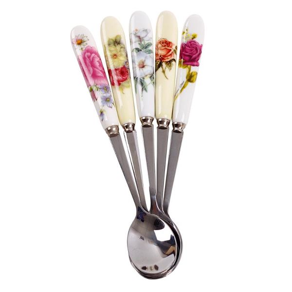 

spoons 5pcs/set stainless steel ceramic handle tea spoon creative coffee honey dessert ice cream small teaspoon 15*2.6cm