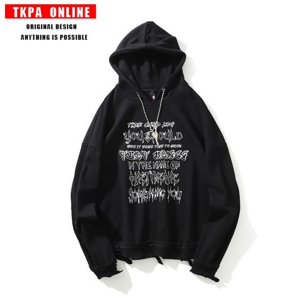 

fashion fleece hoodies tkpa brand autumn and winter hooded sweater hip hop hole making old street printing national personality hoodie men, Black