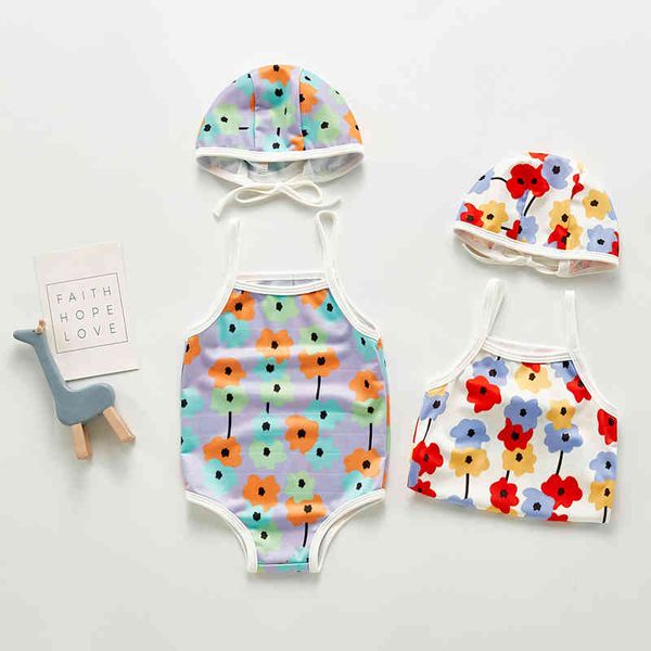 

summer baby girl swimwear cute flower swimsuit with hat girls for kids 210429, Blue