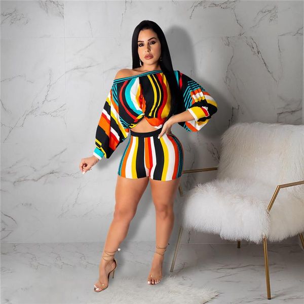 

women's tracksuits striped print tracksuit women 2 pieces set summer off shoulder long lantern sleeve shorts jogging femme outfits, Gray