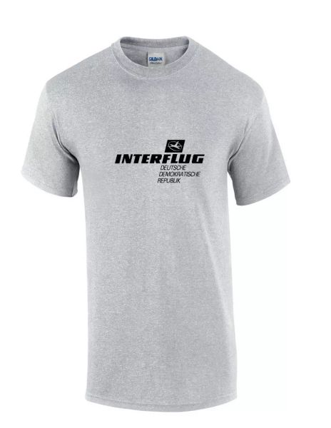 

Interflug Black Vintage Logo German Airline Sport Gray Cotton T-Shirt, White;black