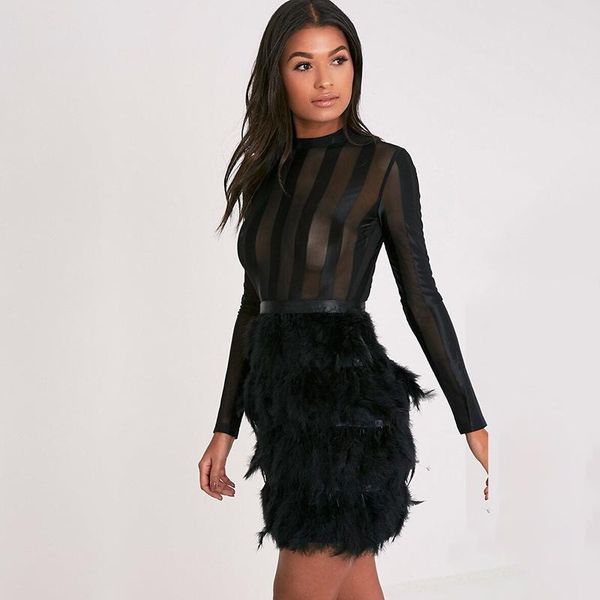 

casual dresses wholesale dress black and white feather long sleeves net yarn perspective cocktail party bandage (l2245), Black;gray