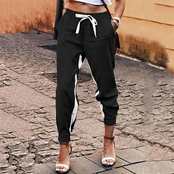 

women's pants & capris women pockets drawstring ankle length high waist thin 2021 fashion casual side stripe tied pant sweatpants femal, Black;white