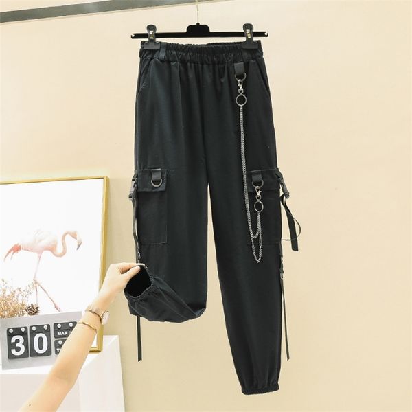 

hip-hop pants korean style autumn women's chain pocket elastic waist casual trousers a4011 210519, Black;white