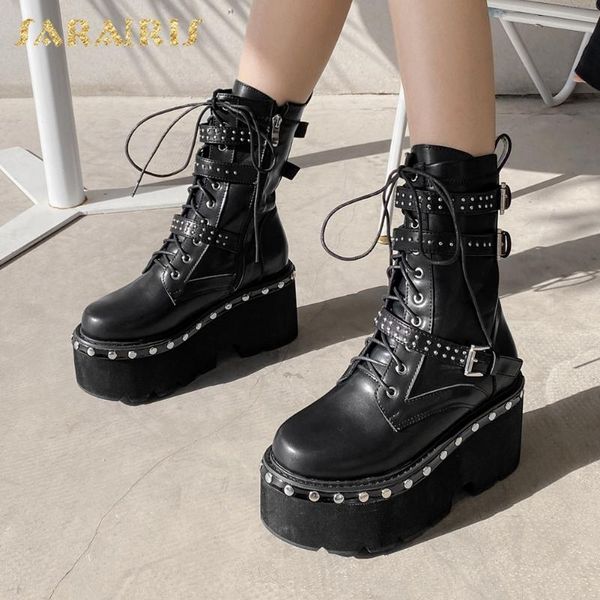 

boots sarairis 2021 design platform high heels ins punk style motorcycle women shoes rivet zipper luxury ladies, Black