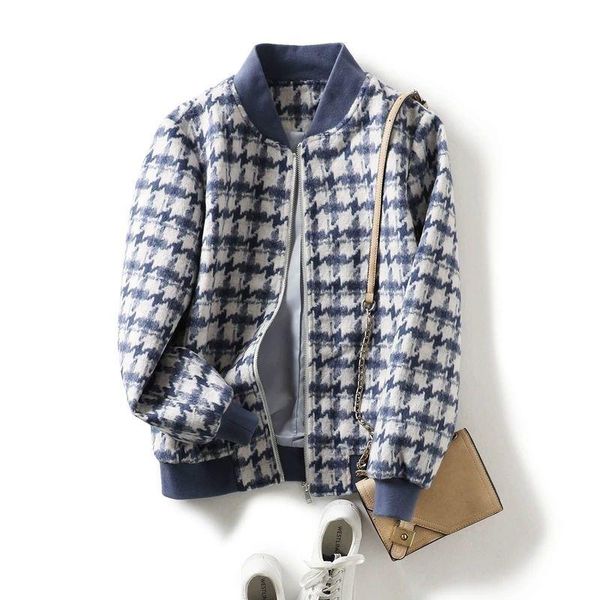 

women's jackets 2021 autumn plaid zipper stand collar tweed jacket leisure long sleeve spring and, Black;brown