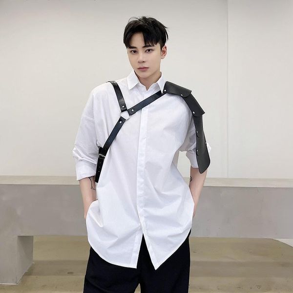 

male japan harajuku korean style shirts men's pu bandage design dark functional streetwear loose casual long sleeve shirt man, White;black