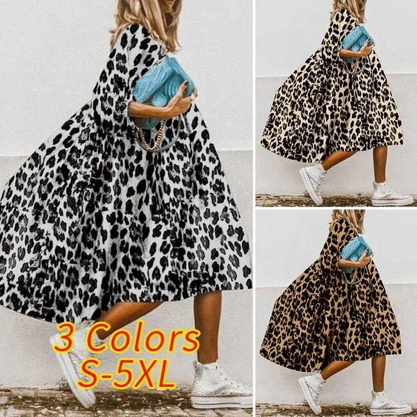 

2021women long sleeve dress vintage leopard printed dresses vonda 2021 casual o neck long sleeve robe bohemian vestidos femme, Black;gray