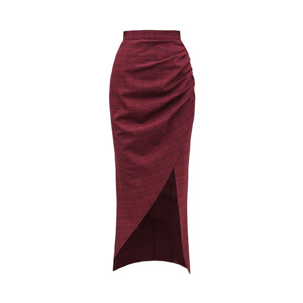 Woemn Eleganter sexy Baumwollrock mit rotem Karomuster, asymmetrischer unregelmäßiger Schlitz, hoher Taille und mittlerer Wade S3008 210514
