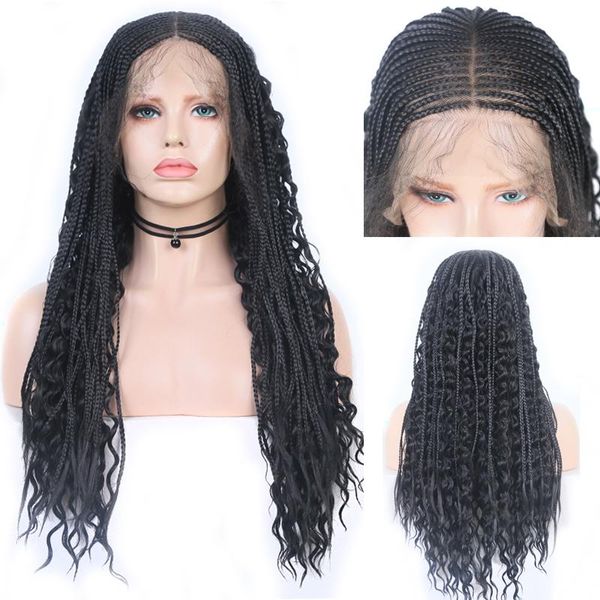 

synthetic wigs charisma long braided wig middle part lace front heat resistant black box braids wirth curly