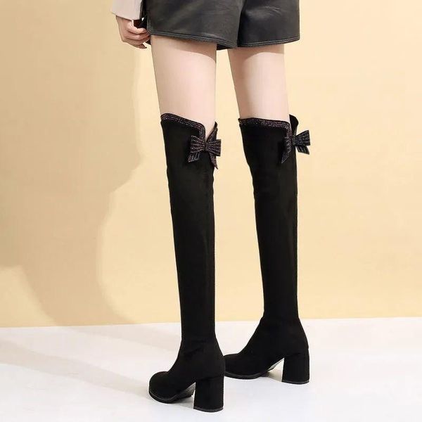 

boots over the knee high woman suede leather thick heels women autumn winter black gray party shoes 35-40