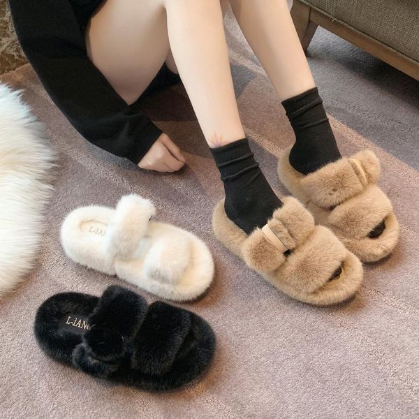 

slippers platform low flat shoes female house slipers women luxury slides flock fur flip flops 2021 designer massage soft plush, Black