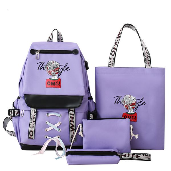 

backpack student schoolbag usb rechargeable korean trend printing 4-piece