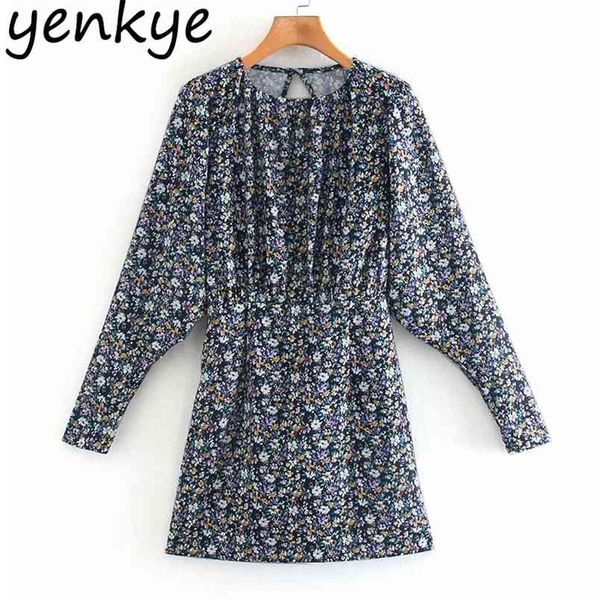 

fashion women backless vintage floral print dress long sleeve o neck mini spring autumn vestido 210514, Black;gray