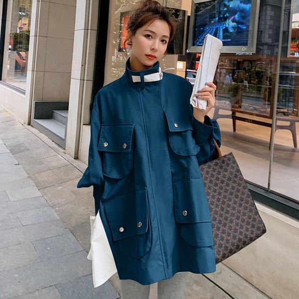 

women's trench coats [ewq] autumn safari style windbreaker long coat slim outwear overcoat outerwear plus size big pocket jacket kbqg, Tan;black