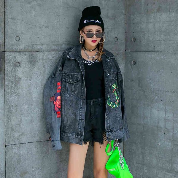 

european station autumn and winter of cartoons patched denim chic women's jacket age-reducing the casual loose tid top, Black;brown