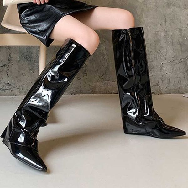 

women knee high boots luxury brand designer patent leather zipper wedges pointed toe high heels winter fashion soft warm 2021 y0914, Black