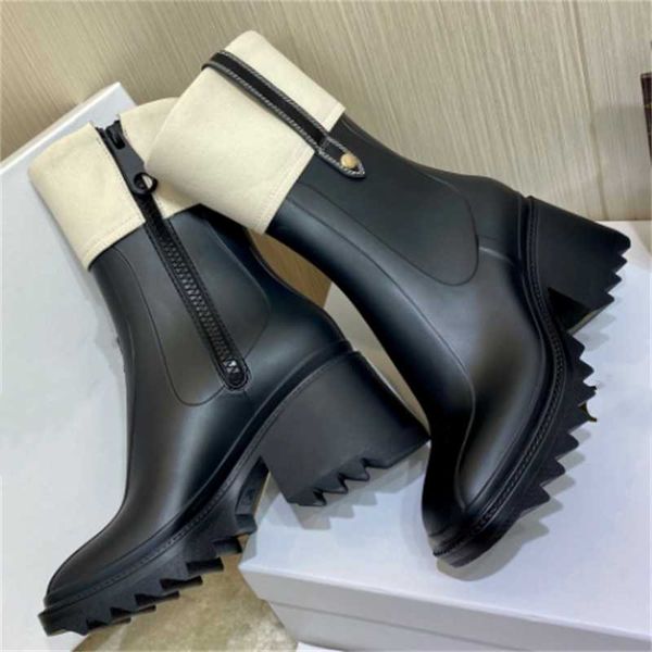 

boots square toe high heel rainboots zip splicing ribbon designed sole mid calf fashion short designer women shoes, Black