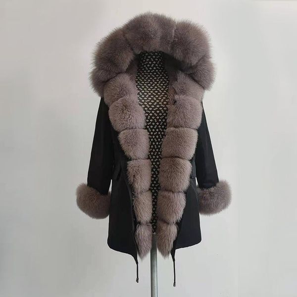 

women's fur & faux 2021 winter hooded parka outerwear natural coat ladies warm jacket with real lining, Black