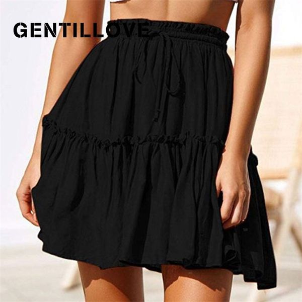 

gentillove summer boho pleated a line skirt women vintage short skirts casual ruffled mini skirt with sashes holiday beach skirt 210330, Black