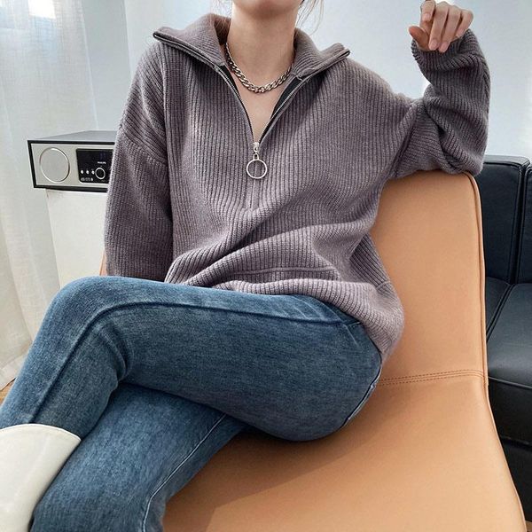 

women's sweaters turn-down collar thick jumper women zipper long sleeve soft loose solid female knitted pullovers autumn winter, White;black