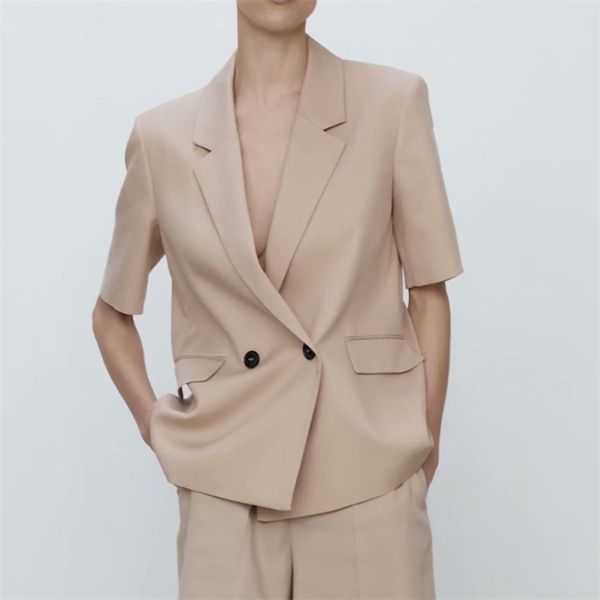 

women summer casual blazers coats za solid double breasted short sleeve female elegant fashion street blazer outerwear 210513, White;black